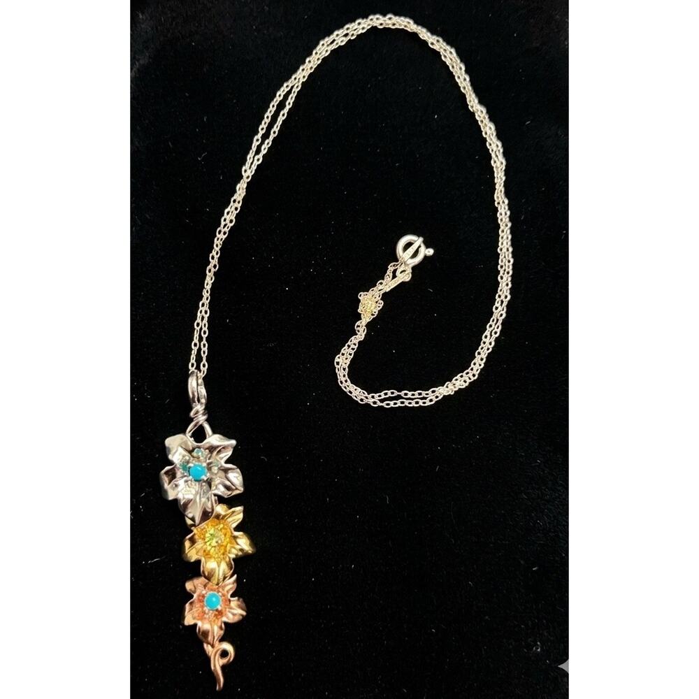 Lenox Dogwood Flowers 925 Silver Tri-Tone Gold Silver Copper Necklace R24 - Picture 3 of 6